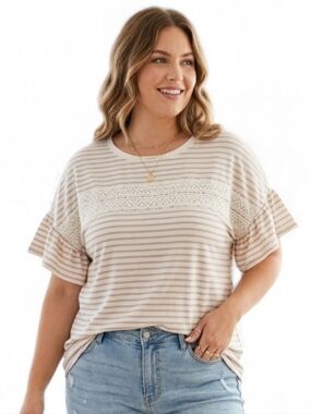 Boho Coastal Striped Crochet Lace Flutter Sleeve Summer Top XL/XXL